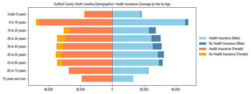 Pyramid chart showing health insurance coverage by age and sex in Guilford County, North Carolina.