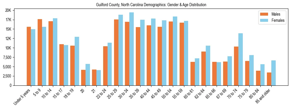 Bar chart showing the population distribution of Guilford County, North Carolina by age group and gender, based on 2023 ACS data.