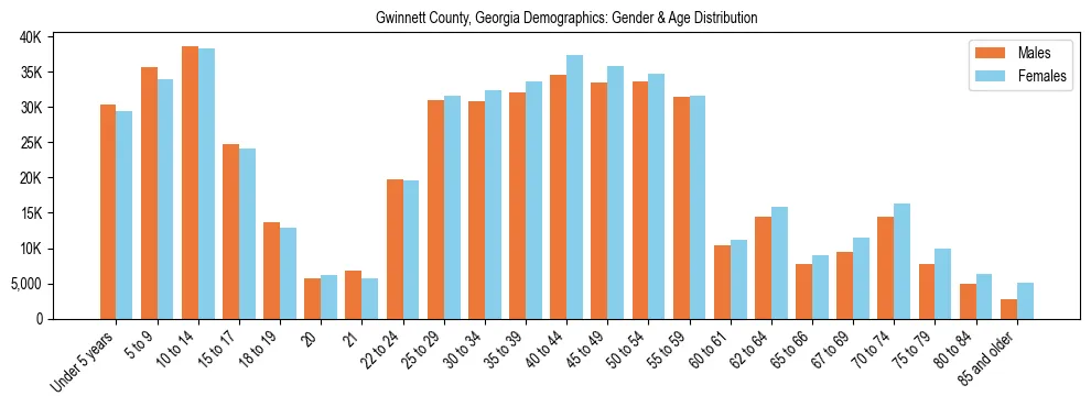 Bar chart showing the population distribution of Gwinnett County, Georgia by age group and gender, based on 2023 ACS data.