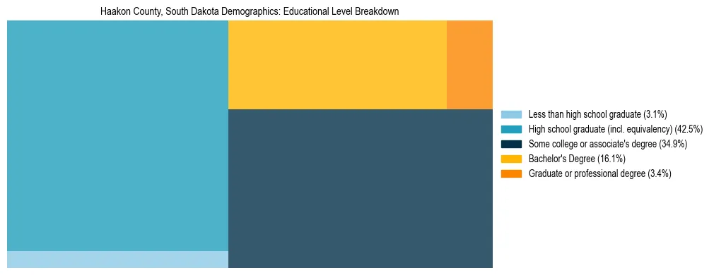 Treemap chart illustrating the educational attainment breakdown for population 25 years and over in Haakon County, South Dakota.