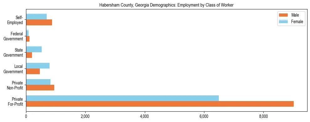 Horizontal bar chart showing employment distribution by class of worker and gender in Habersham County, Georgia, based on 2023 ACS data.