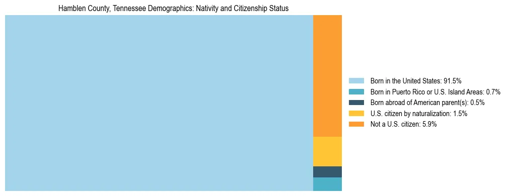 Treemap showing the population distribution by nativity and citizenship status in Hamblen County, Tennessee based on U.S. Census data.