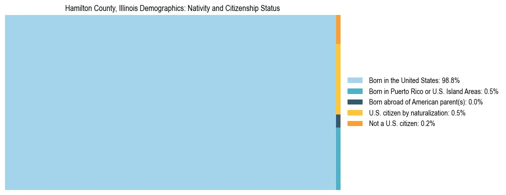 Treemap showing the population distribution by nativity and citizenship status in Hamilton County, Illinois based on U.S. Census data.
