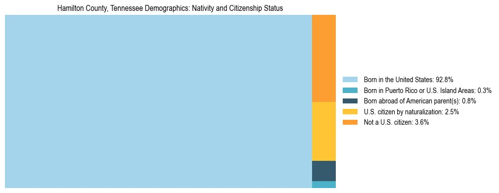 Treemap showing the population distribution by nativity and citizenship status in Hamilton County, Tennessee based on U.S. Census data.