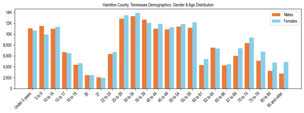 Bar chart showing the population distribution of Hamilton County, Tennessee by age group and gender, based on 2023 ACS data.