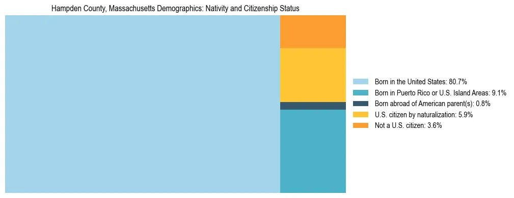 Treemap showing the population distribution by nativity and citizenship status in Hampden County, Massachusetts based on U.S. Census data.