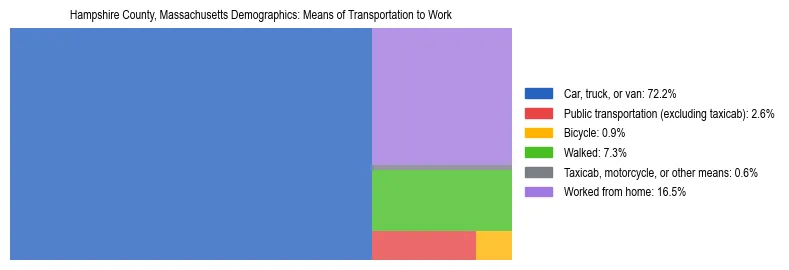 Treemap showing means of transportation to work distribution in Hampshire County, Massachusetts.