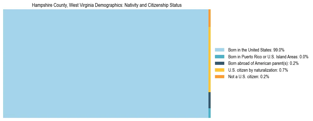 Treemap showing the population distribution by nativity and citizenship status in Hampshire County, West Virginia based on U.S. Census data.