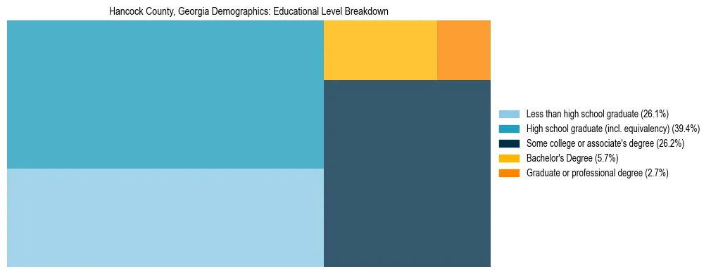 Treemap chart illustrating the educational attainment breakdown for population 25 years and over in Hancock County, Georgia.