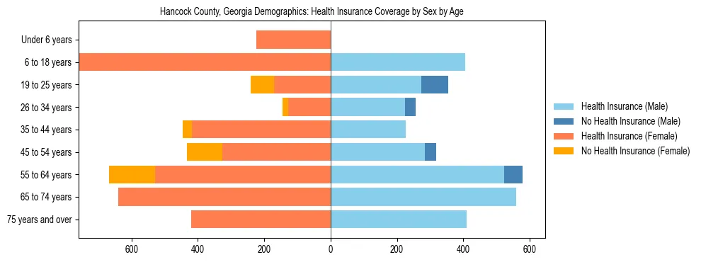 Pyramid chart showing health insurance coverage by age and sex in Hancock County, Georgia.