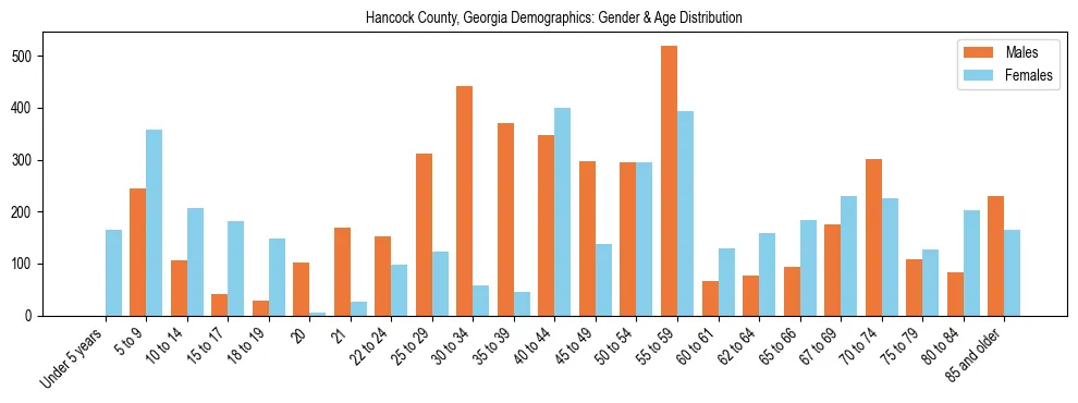 Bar chart showing the population distribution of Hancock County, Georgia by age group and gender, based on 2023 ACS data.