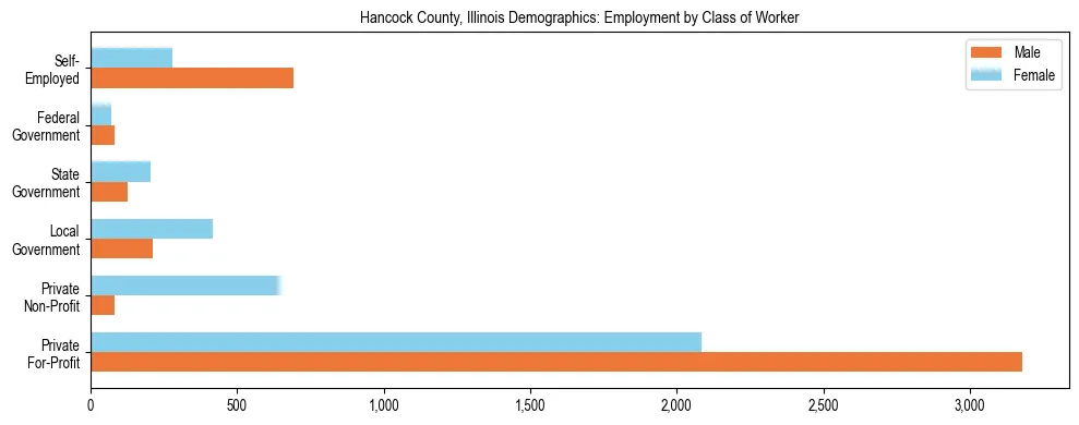 Horizontal bar chart showing employment distribution by class of worker and gender in Hancock County, Illinois, based on 2023 ACS data.