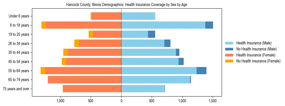 Pyramid chart showing health insurance coverage by age and sex in Hancock County, Illinois.
