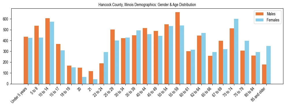 Bar chart showing the population distribution of Hancock County, Illinois by age group and gender, based on 2023 ACS data.