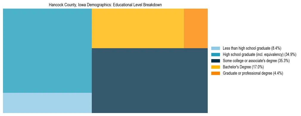 Treemap chart illustrating the educational attainment breakdown for population 25 years and over in Hancock County, Iowa.