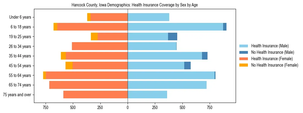 Pyramid chart showing health insurance coverage by age and sex in Hancock County, Iowa.