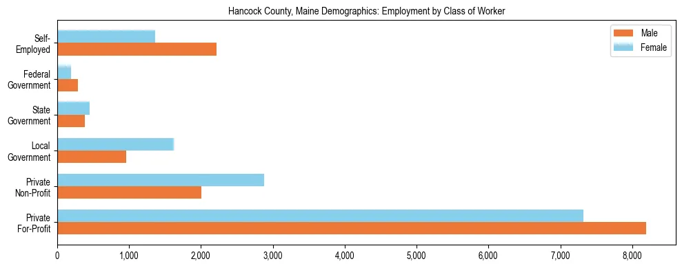 Bar chart showing employment distribution by class of worker (Private, Government, Self-Employed) in Hancock County, Maine based on 2023 ACS data.