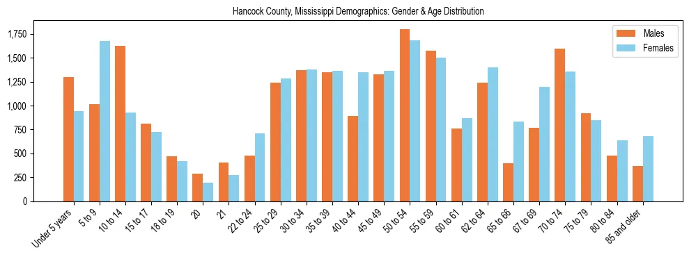 Bar chart showing the population distribution of Hancock County, Mississippi by age group and gender, based on 2023 ACS data.