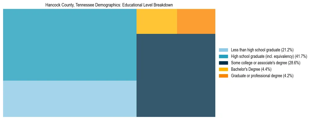Treemap chart illustrating the educational attainment breakdown for population 25 years and over in Hancock County, Tennessee.