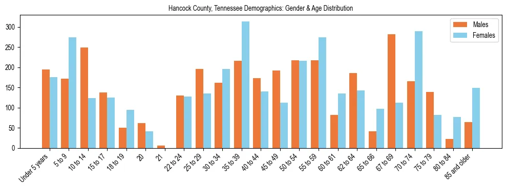 Bar chart showing the population distribution of Hancock County, Tennessee by age group and gender, based on 2023 ACS data.