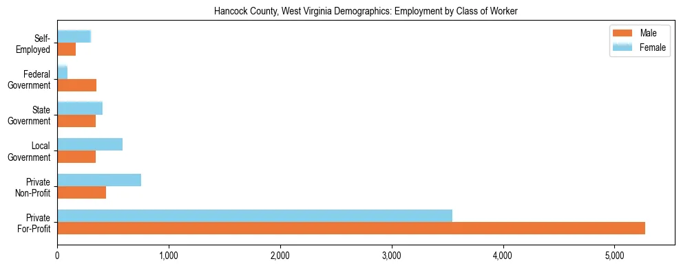 Horizontal bar chart showing employment distribution by class of worker and gender in Hancock County, West Virginia, based on 2023 ACS data.