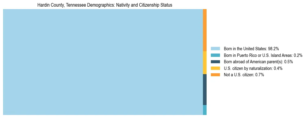 Treemap showing the population distribution by nativity and citizenship status in Hardin County, Tennessee based on U.S. Census data.