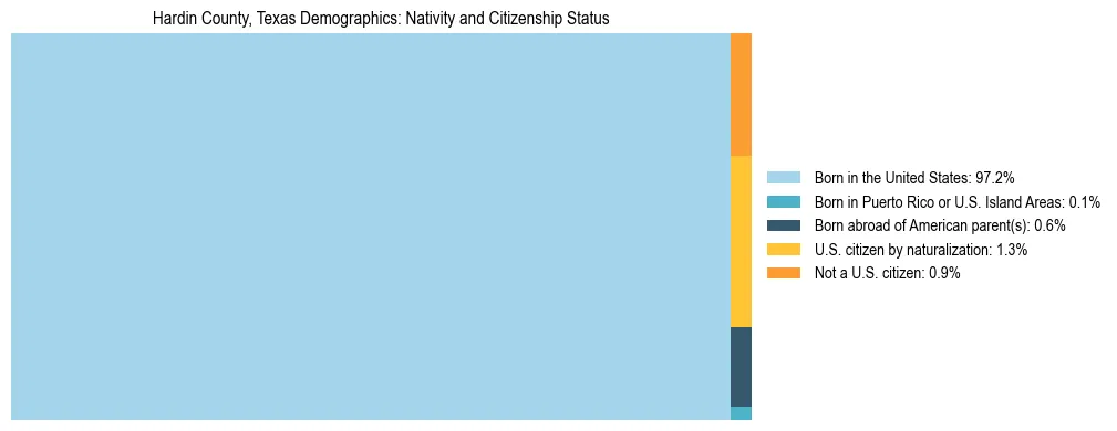 Treemap showing the population distribution by nativity and citizenship status in Hardin County, Texas based on U.S. Census data.