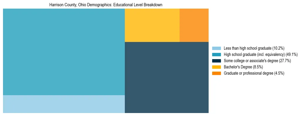 Treemap chart illustrating the educational attainment breakdown for population 25 years and over in Harrison County, Ohio.