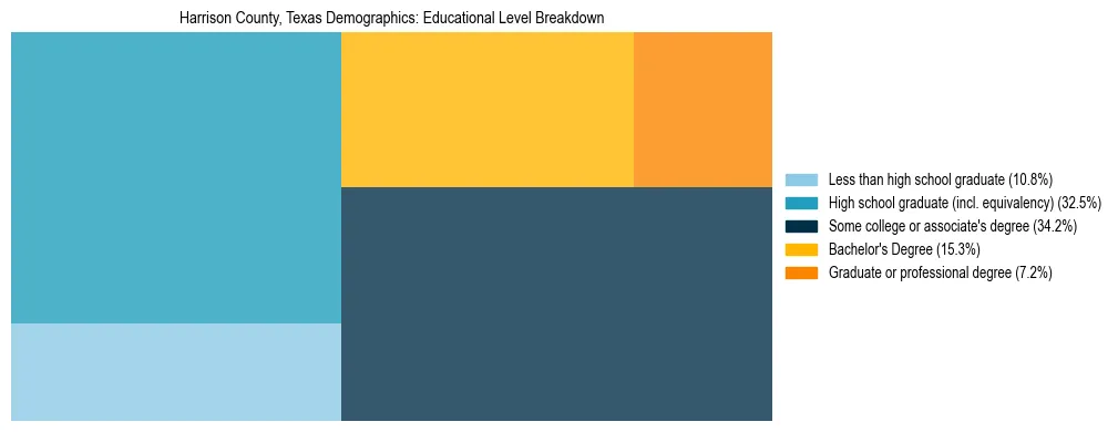Treemap chart illustrating the educational attainment breakdown for population 25 years and over in Harrison County, Texas.