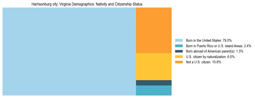 Treemap showing the population distribution by nativity and citizenship status in Harrisonburg city, Virginia based on U.S. Census data.