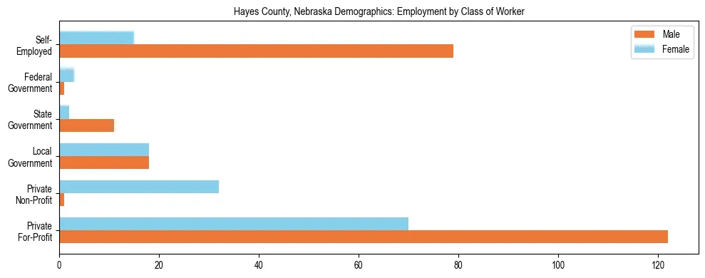 Horizontal bar chart showing employment distribution by class of worker and gender in Hayes County, Nebraska, based on 2023 ACS data.