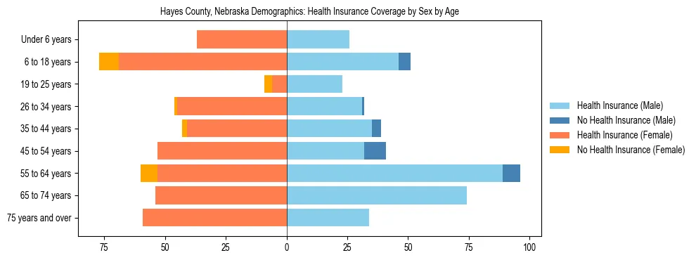 Pyramid chart showing health insurance coverage by age and sex in Hayes County, Nebraska.