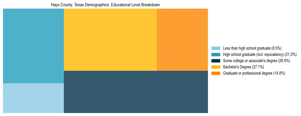 Treemap chart illustrating the educational attainment breakdown for population 25 years and over in Hays County, Texas.