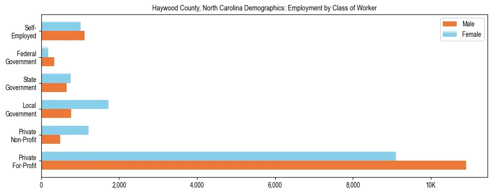 Horizontal bar chart showing employment distribution by class of worker and gender in Haywood County, North Carolina, based on 2023 ACS data.
