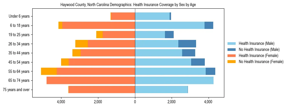 Pyramid chart showing health insurance coverage by age and sex in Haywood County, North Carolina.