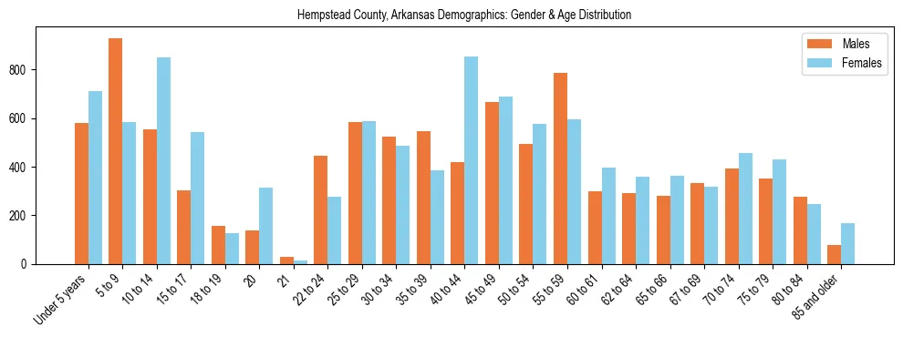 Bar chart showing the population distribution of Hempstead County, Arkansas by age group and gender, based on 2023 ACS data.