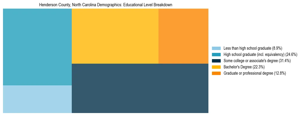 Treemap chart illustrating the educational attainment breakdown for population 25 years and over in Henderson County, North Carolina.