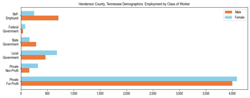 Horizontal bar chart showing employment distribution by class of worker and gender in Henderson County, Tennessee, based on 2023 ACS data.