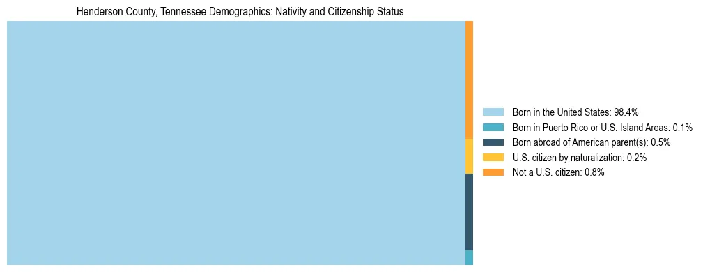 Treemap showing the population distribution by nativity and citizenship status in Henderson County, Tennessee based on U.S. Census data.