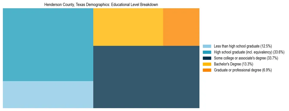 Treemap chart illustrating the educational attainment breakdown for population 25 years and over in Henderson County, Texas.