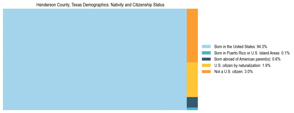 Treemap showing the population distribution by nativity and citizenship status in Henderson County, Texas based on U.S. Census data.