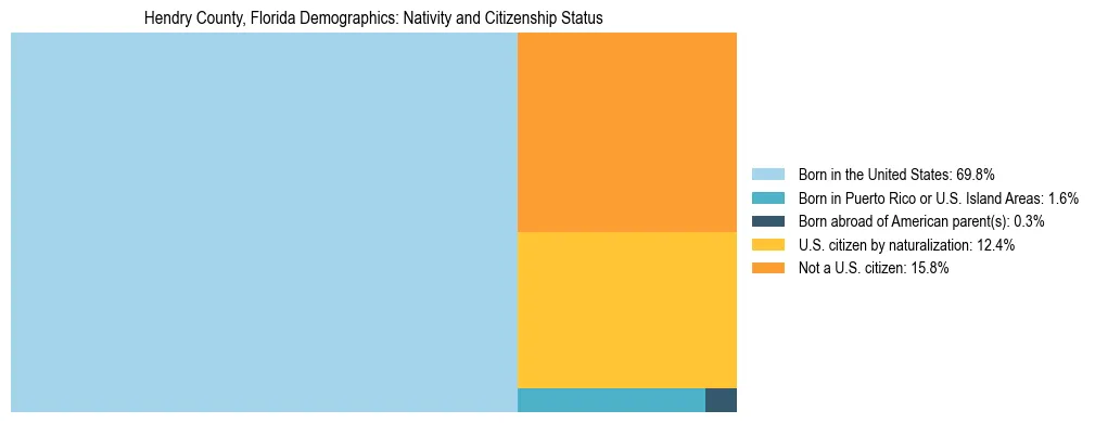Treemap showing the population distribution by nativity and citizenship status in Hendry County, Florida based on U.S. Census data.