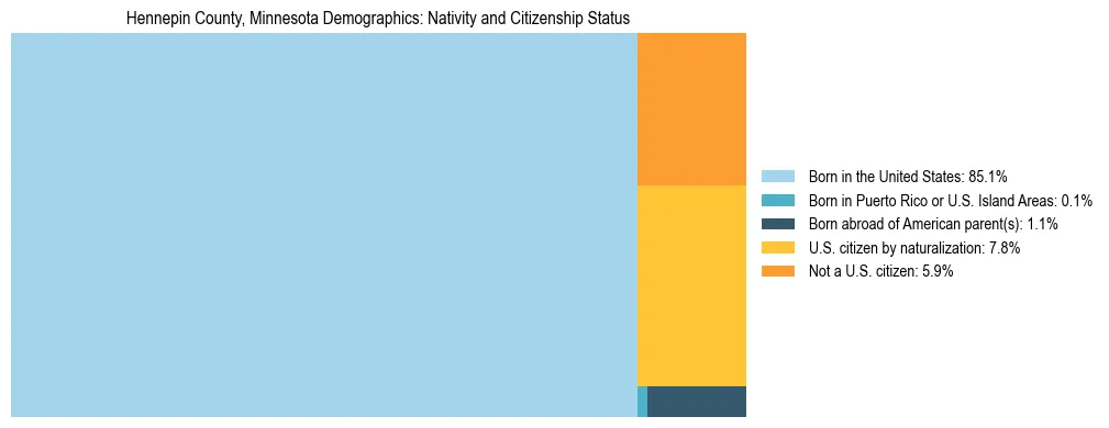 Treemap showing the population distribution by nativity and citizenship status in Hennepin County, Minnesota based on U.S. Census data.