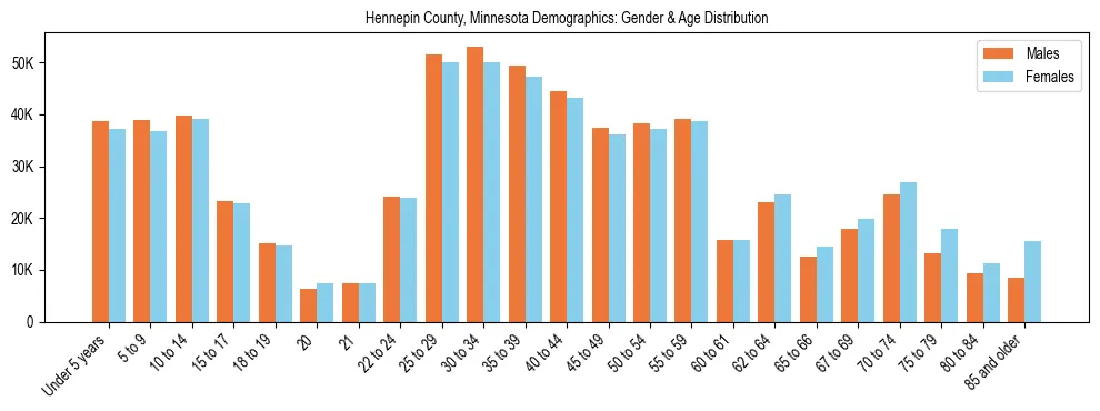 Bar chart showing the population distribution of Hennepin County, Minnesota by age group and gender, based on 2023 ACS data.