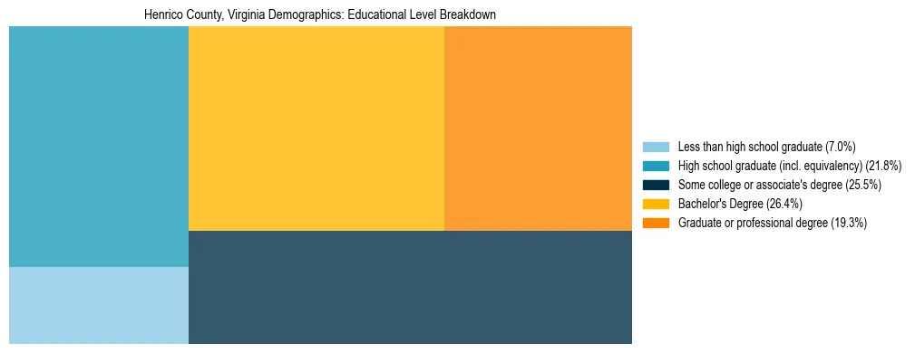 Treemap chart illustrating the educational attainment breakdown for population 25 years and over in Henrico County, Virginia.