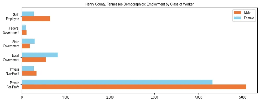 Horizontal bar chart showing employment distribution by class of worker and gender in Henry County, Tennessee, based on 2023 ACS data.