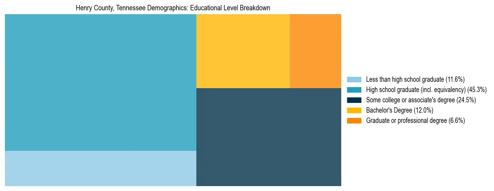 Treemap chart illustrating the educational attainment breakdown for population 25 years and over in Henry County, Tennessee.