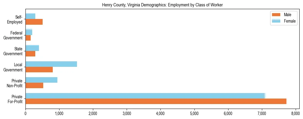 Horizontal bar chart showing employment distribution by class of worker and gender in Henry County, Virginia, based on 2023 ACS data.