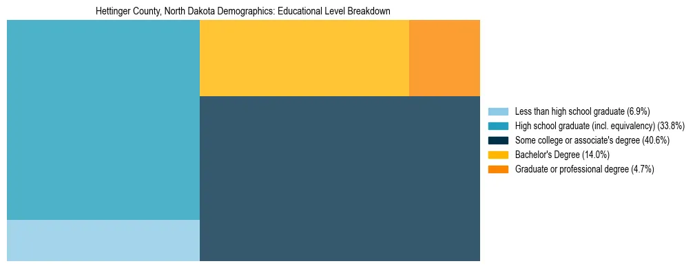 Treemap chart illustrating the educational attainment breakdown for population 25 years and over in Hettinger County, North Dakota.