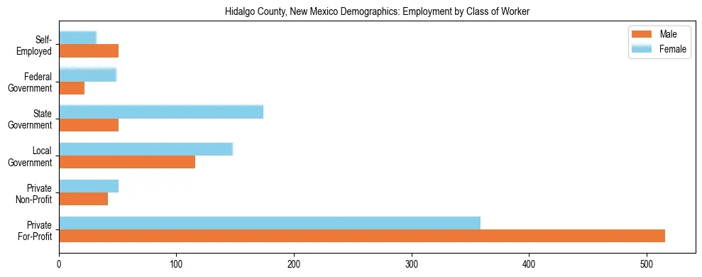 Horizontal bar chart showing employment distribution by class of worker and gender in Hidalgo County, New Mexico, based on 2023 ACS data.